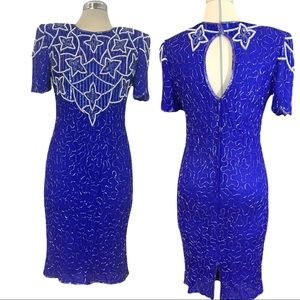 MARK & JOHN Vintage Royal Blue Embroidered Sequin Beaded Dress Size M
